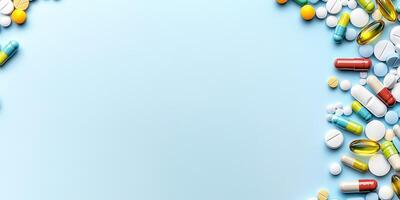 Colorful medication tablets and capsules arranged on a light blue surface for health and medical themes photo