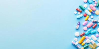 Colorful medication tablets and capsules arranged on a light blue background with ample copy space for health-related content photo