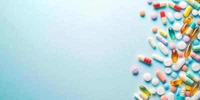 A variety of medication tablets and colorful capsules scattered on a light blue background with ample copy space for health-related content photo