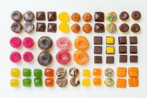 A colorful assortment of sweets, candies, and desserts arranged on a white background for a delightful treat experience photo