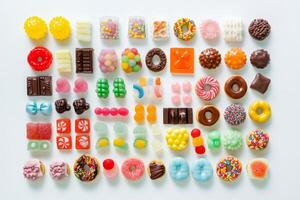 A colorful assortment of sweets featuring gummy candies, chocolates, donuts, and cupcakes arranged on a white background photo