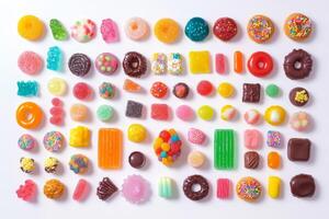 A colorful assortment of sweets and candies including gummy candies, chocolates, donuts, cupcakes, and cookies on a white background photo