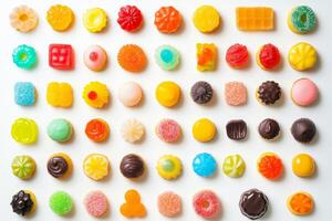 A colorful assortment of candies, gummy treats, chocolates, donuts, and cupcakes arranged on a white background for a vibrant display photo