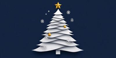 Minimalist Christmas greeting card featuring a geometric paper cut tree with golden decorations on a navy blue background photo