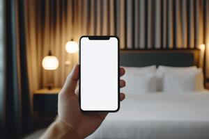 Hand holding smartphone with a blank screen in a bright and minimalistic hotel room setting photo