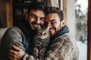 A loving homosexual couple joyfully embraces their playful cat at home during a cozy winter afternoon photo