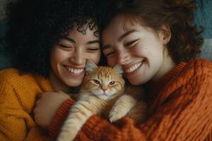 A joyful homosexual couple embraces their playful cat at home, enjoying a cozy moment together during a sunny afternoon photo