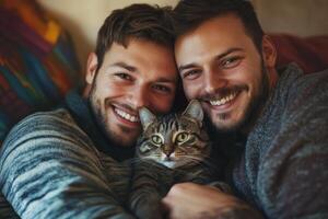 Smiling homosexual couple cuddles their adorable cat at home on a cozy evening photo