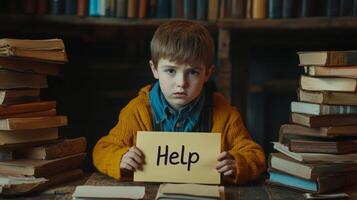Frustrated boy seeks help while studying at a cluttered table surrounded by books during a challenging learning session photo