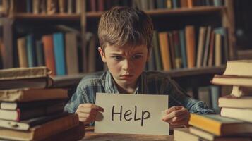Sad boy at a cluttered table expressing frustration with learning difficulties while holding a paper that says Help photo