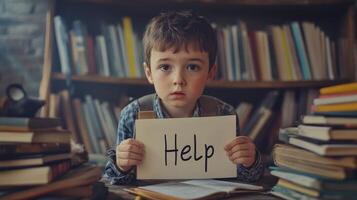 Frustrated boy at a cluttered table holding a help sign, surrounded by books, struggling with learning challenges at home photo