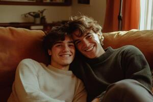 Smiling couple sharing a warm hug in a cozy living room while looking at the camera photo