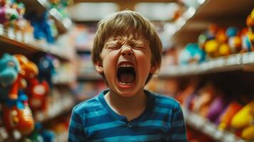 A frustrated boy throws a tantrum in a toy store because his parents refuse to buy him toys he desires photo