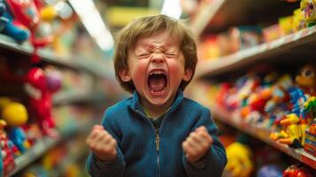 Disgruntled boy throwing a tantrum in a toy store, upset over parents refusing to buy toys he wants photo
