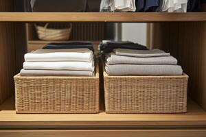 Neatly organized modern wardrobe shelf with folded clothes in rattan boxes for effortless clothing storage photo