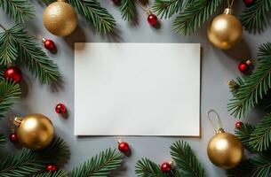 A festive arrangement of pine branches, golden ornaments, and a blank card ready for holiday greetings on a simple gray background photo
