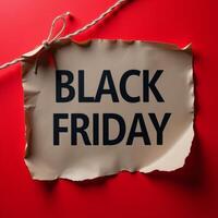 Promotional sign for Black Friday sales displayed on a vibrant red background with a rustic twine border photo