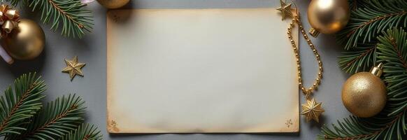Festive holiday background featuring blank paper surrounded by pine branches and gold ornaments photo