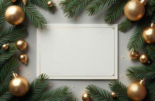 Festive holiday card surrounded by golden ornaments and evergreen branches on a neutral background photo