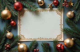 Decorative holiday arrangement with gold and red ornaments and a blank card framed by evergreen branches during festive celebrations photo
