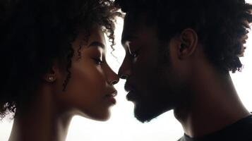 A romantic black couple shares a tender kiss while gazing into each other's eyes against a white background photo