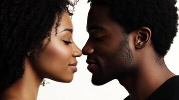 Intimate moment of a loving African American couple sharing a kiss on a white background, celebrating their romantic connection photo