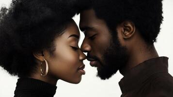 A romantic couple sharing an intimate kiss while gazing lovingly into each other's eyes against a bright white background photo