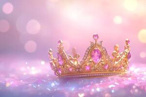 A luxurious gold crown embellished with pink gems shines brightly against a soft bokeh background, embodying regal elegance and charm photo