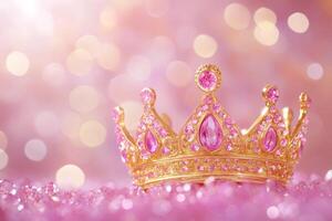 Royal gold crown with pink gems shining against a beautiful bokeh background representing opulence and grandeur photo