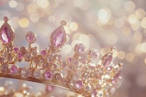 A luxurious gold crown embellished with pink gems shines against a soft bokeh background, evoking the essence of royalty and elegance photo