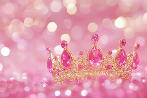 A stunning gold crown embellished with pink gems rests elegantly against a shimmering bokeh background, capturing the essence of luxury and royalty photo