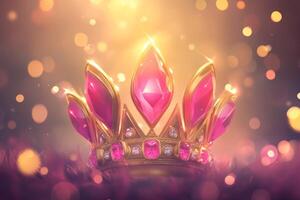 A luxurious gold crown embellished with pink gems shines brightly against a soft bokeh background, highlighting its royal elegance photo