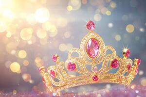 A stunning gold crown embellished with pink gems shines brilliantly against a dreamy bokeh backdrop evoking elegance and luxury photo