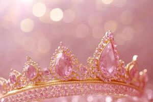 A stunning gold crown featuring elegant pink gems shines beautifully against a dreamy bokeh background, embodying luxury and royalty photo