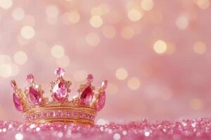 A luxurious gold crown decorated with pink gems stands out against a soft bokeh background, embodying elegance and royalty photo