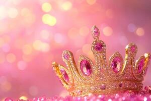 A stunning gold crown decorated with pink gems resting elegantly against a shimmering bokeh background, embodying elegance and luxury photo