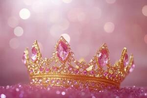 A stunning gold crown embellished with pink gems set against a shimmering bokeh background symbolizing opulence and elegance photo