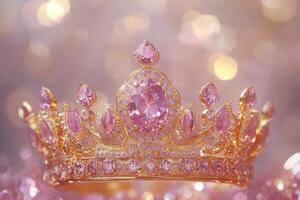 A luxurious gold crown adorned with sparkling pink gems against a shimmering bokeh background, embodying elegance and royalty photo