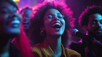 A lively group of diverse young friends enjoying karaoke together at a nightclub, laughing and singing under colorful lights photo