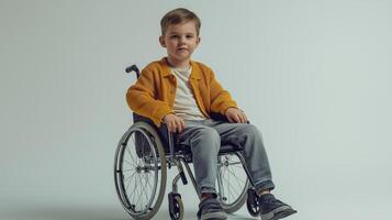 Handsome young boy in a wheelchair, showcasing resilience and style against a white background photo