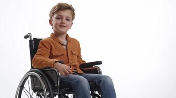 Handsome young boy in a wheelchair due to a spinal injury, sitting confidently against a white background in a studio photo