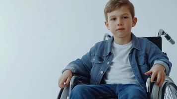 Handsome young boy in a wheelchair sitting confidently in a studio, showcasing his vibrant personality and resilience against adversity photo