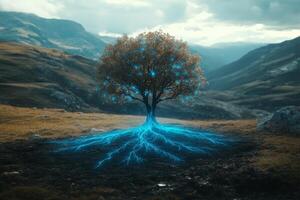 A solitary tree in a mountainous landscape with blue electric roots symbolizing energy during a cloudy day photo