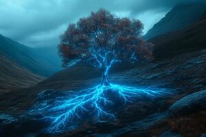 A solitary tree with bright blue electric roots in a dramatic mountainous landscape under a cloudy sky at twilight photo