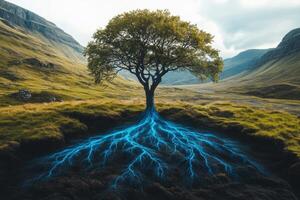 A solitary tree with vibrant blue electric roots in a mountainous landscape at dawn, illustrating the connection between nature and energy photo