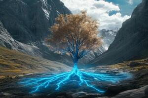 A solitary tree with electric blue roots in a serene mountainous landscape on a bright day photo