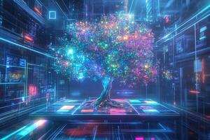 A futuristic tree grows from a virtual platform, showcasing holographic leaves displaying family, work, and travel in a vibrant setting photo