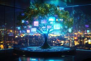 A futuristic tree grows from a virtual reality platform, showcasing holographic screens of life in a vibrant, high-energy environment photo