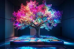 A vibrant futuristic tree with holographic leaves emerges from a virtual reality platform showcasing lifestyle aspects in bright colors photo