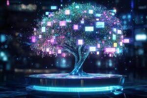 A futuristic tree with holographic screens grows on a virtual reality platform, showcasing modern life in vivid colors and bright lighting photo